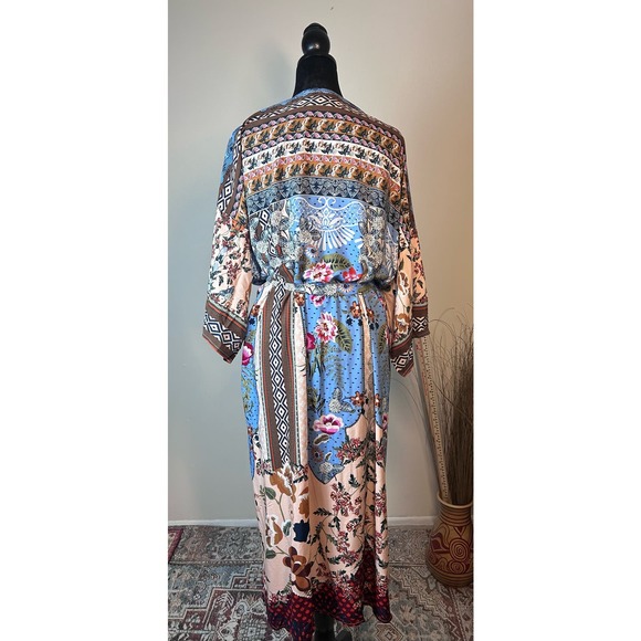 Floral Boho Kimono One Size Brown Blue Multicolor Bohemian Robe Swimsuit Coverup - Picture 3 of 8